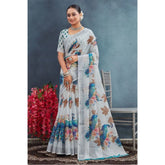 Generic Women's Linen Floral Printed Saree With Unstitched Blouse 5.5Mtr (Off-White)