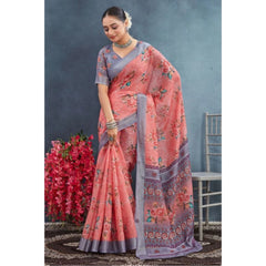 Generic Women's Linen Floral Printed Saree With Unstitched Blouse 5.5Mtr (Peach)