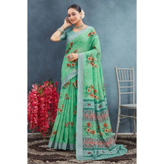 Generic Women's Linen Floral Printed Saree With Unstitched Blouse 5.5Mtr (Green)