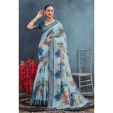 Generic Women's Linen Floral Printed Saree With Unstitched Blouse 5.5Mtr (Grey)