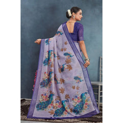 Generic Women's Linen Floral Printed Saree With Unstitched Blouse 5.5Mtr (Purple)