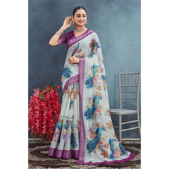 Generic Women's Linen Floral Printed Saree With Unstitched Blouse 5.5Mtr (Magenta)