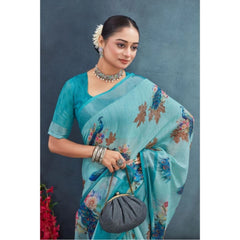 Generic Women's Linen Floral Printed Saree With Unstitched Blouse 5.5Mtr (Aqua)