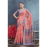 Generic Women's Linen Floral Printed Saree With Unstitched Blouse 5.5Mtr (Peach)