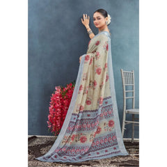 Generic Women's Linen Floral Printed Saree With Unstitched Blouse 5.5Mtr (Beige)