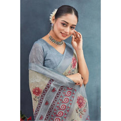 Generic Women's Linen Floral Printed Saree With Unstitched Blouse 5.5Mtr (Beige)
