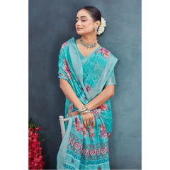 Generic Women's Linen Floral Printed Saree With Unstitched Blouse 5.5Mtr (Aqua)
