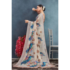 Generic Women's Linen Floral Printed Saree With Unstitched Blouse 5.5Mtr (Beige)