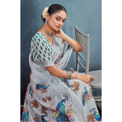 Generic Women's Linen Floral Printed Saree With Unstitched Blouse 5.5Mtr (Off-White)