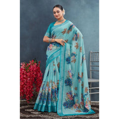 Generic Women's Linen Floral Printed Saree With Unstitched Blouse 5.5Mtr (Aqua)