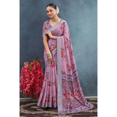 Generic Women's Linen Floral Printed Saree With Unstitched Blouse 5.5Mtr (Purple)