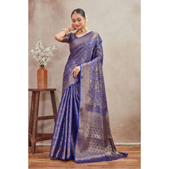 Generic Women's Silk Blend Floral Printed Saree With Unstitched Blouse 5.5Mtr (Royal Blue)