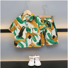 Generic Boy's Lycra Blend Printed Short Sleeve Shirt and Shorts Set (MultiColor)