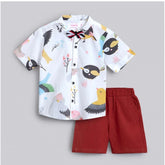 Generic Boy's Cotton Blend Printed Short Sleeve Shirt and Shorts Set (White)