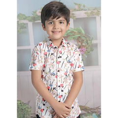 Generic Boy's Cotton Blend Printed Short Sleeve Shirt and Shorts Set (White)