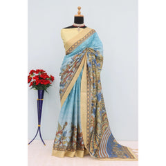 Generic Women's Mysore Silk Digital Print Saree With Unstitched Blouse 5.5Mtr (Sky Blue)