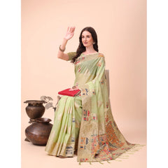 Generic Women's Linen Cotton Printed Saree With Unstitched Blouse 5.5Mtr (Light Green)