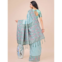 Generic Women's Lichi Silk Printed Saree With Unstitched Blouse 5.5Mtr (Teal)