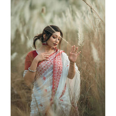 Generic Women's Cotton Printed Saree With Unstitched Blouse 5.5Mtr (White-Red)