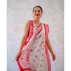 Generic Women's Cotton Printed Saree With Unstitched Blouse 5.5Mtr (White-Pink)