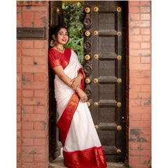 Generic Women's Silk Printed Saree With Unstitched Blouse 5.5Mtr (White)