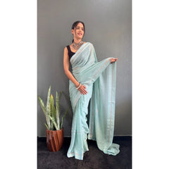 Generic Women's Chiffon Striped Ready to wear Saree With Unstitched Blouse 5.5 Mtr (Sky)