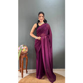 Generic Women's Chiffon Solid Ready to wear Saree With Unstitched Blouse 5.5 Mtr (Wine )