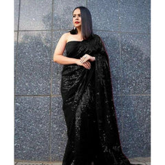 Generic Women's Georgette Embellished Sequnece Bollywood Saree With Unstitched Blouse 5.5Mtr (Black)