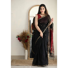 Generic Women's Cotton Printed Saree With Unstitched Blouse 5.5Mtr (Black)