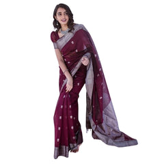 Generic Women's Cotton Printed Saree With Unstitched Blouse 5.5Mtr (Maroon)