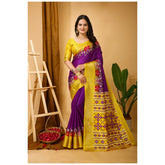 Generic Women's Soft Dola Cotton Kalamkari Printed Saree With Unstitched Blouse 5.5Mtr (Purple)