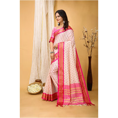 Generic Women's Soft Cotton Silk Printed Saree With Unstitched Blouse 5.5Mtr (Pink)