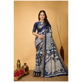 Generic Women's Soft Handloom Cotton Kalamkari Printed Saree With Unstitched Blouse 5.5Mtr (Blue)