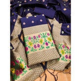Generic Women's Banarasi Silk Printed Unstitched Salwar Suit Material With Dupatta (Navy Blue, 3Mtrs)