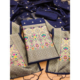 Generic Women's Banarasi Silk Printed Unstitched Salwar Suit Material With Dupatta (Navy Blue, 3Mtrs)