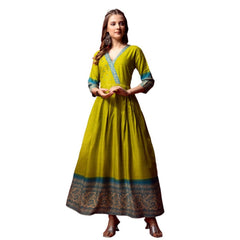 Generic Women's Cotton Blend Printed Anarkali Gown (Green)