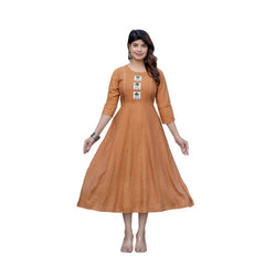 Generic Women's Rayon Print With Embroidery Work A-Line Kurti (Rust)