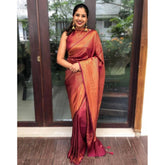 Generic Women's Litchi silk Printed Saree With Unstitched Blouse (Red)