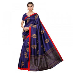 Generic Women's Litchi silk Printed Saree With Unstitched Blouse 5-6 Mtrs (Navy Blue)