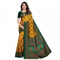 Generic Women's Litchi silk Printed Saree With Unstitched Blouse 5-6 Mtrs (Mustard Yellow)