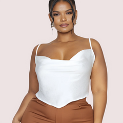 Plus Size White Satin Cropped Cowl Neck Cami Top