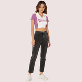 "Campus Vibes" Colorblock Zip Crop Top – Lilac & White