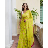 Generic Women's Linen Printed Saree With Unstitched Blouse 5.5Mtr (Light Green)