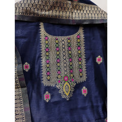 Generic Women's Banarasi Silk Printed Unstitched Salwar Suit Material With Dupatta (Navy Blue, 3Mtrs)