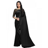 Generic Women's Satin Solid Saree With Unstitched Blouse 5.5Mtr (Black)