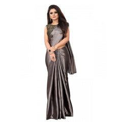 Generic Women's Satin Printed Saree With Unstitched Blouse 5.5Mtr (Grey)