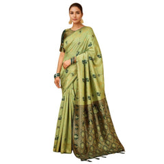Generic Women's Silk Blend Woven Paithani Saree With Unstitched Blouse 5.5Mtr (Olive)