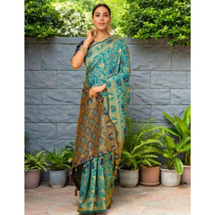Generic Women's Silk Blend Woven Paithani Saree With Unstitched Blouse 5.5Mtr (Rama)