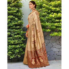 Generic Women's Silk Blend Woven Zari Work Saree With Unstitched Blouse 5.5Mtr (Beige)