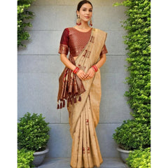 Generic Women's Silk Blend Woven Zari Work Saree With Unstitched Blouse 5.5Mtr (Beige)